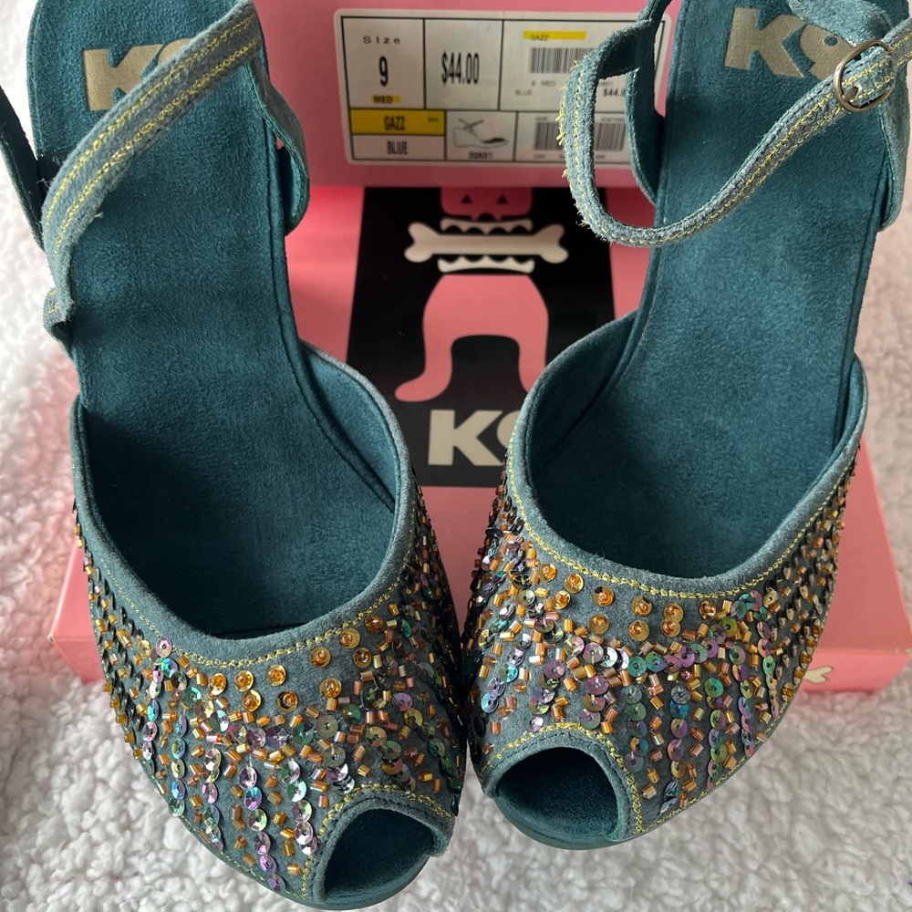 K Women Blue and Gold Sequin Ankle Strap Heels